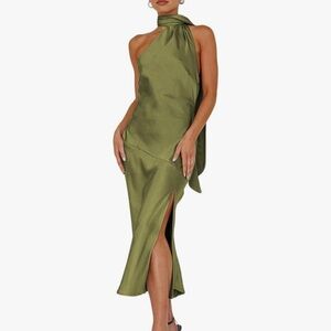 Mogidol Satin green Halter Dress Cowl Back Slit Midi Cocktail bridesmaid XL